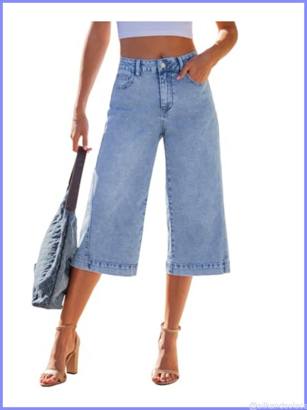 Wide Leg Capri Jeans High Waisted Stretch Denim Side Seam Pants